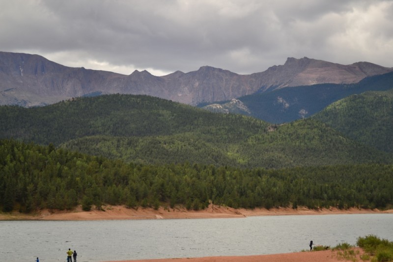 After one more stop at a gift shop around treeline, we sped down to Crystal Reservoir. Our speeds were too high (try 45-50 mph at times) to take photos until we reached this beautiful piece of water. Pikes Peak can be seen in the background.